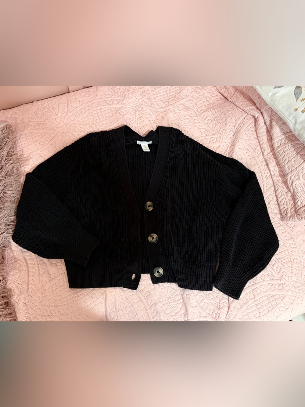 Black Ribbed V-Neck Button Cardigan Sweater